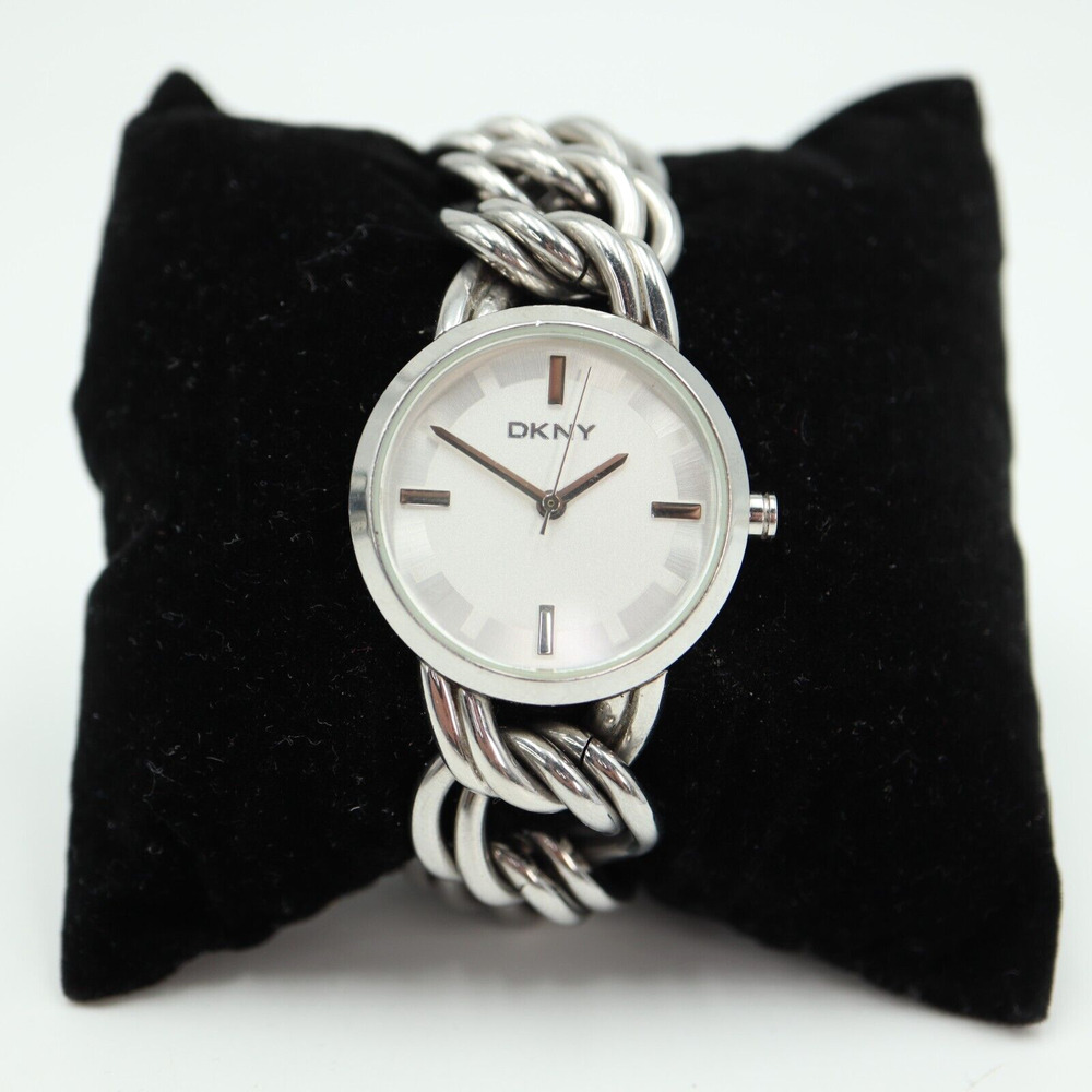 DKNY Silver Tone Womens Watch 28mm Silver Tone 5.25" Metal Braid Bracelet NY4537